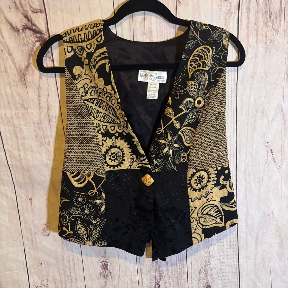 Vintage Black and Gold Patchwork Paisley Floral Patterned V-Neck Vest Small